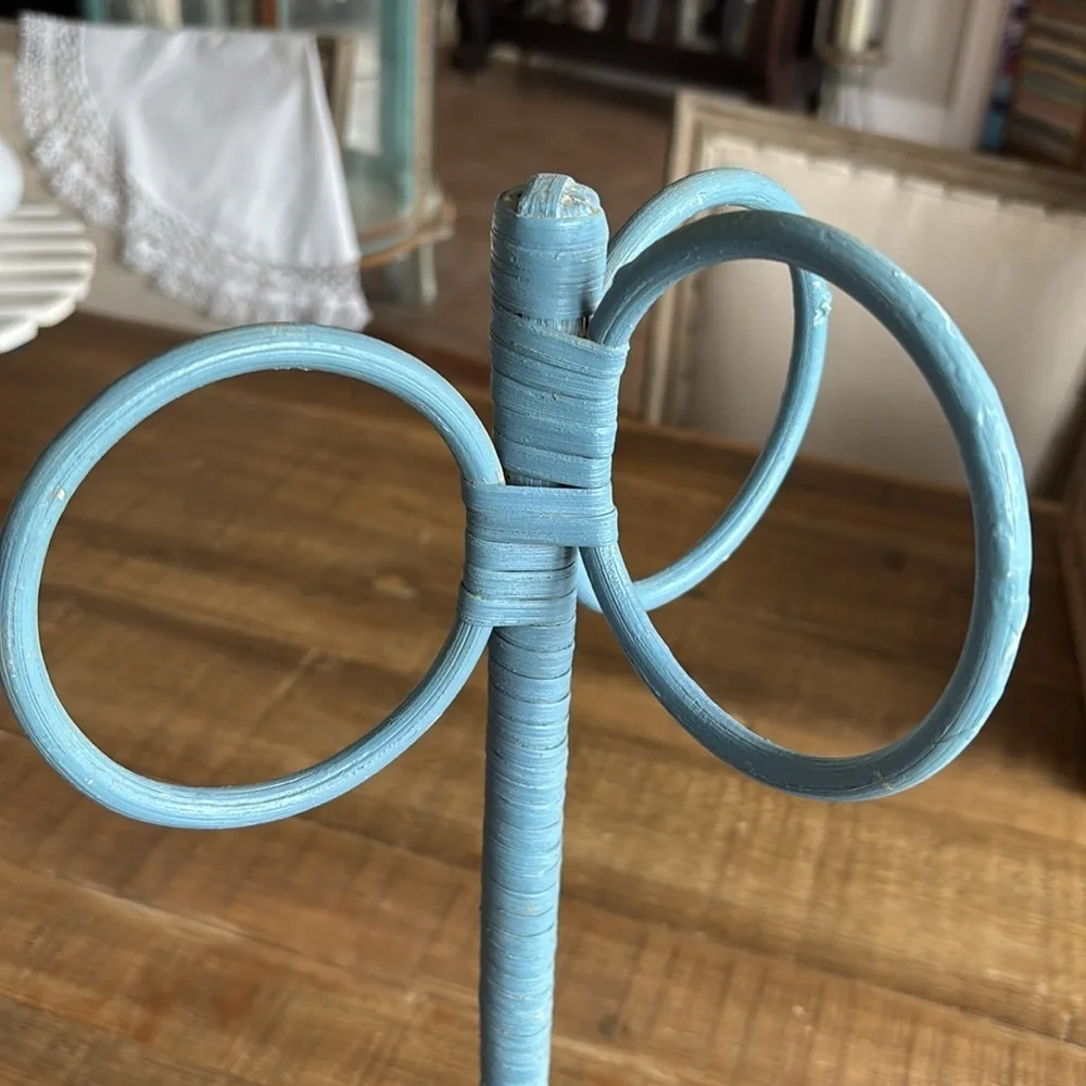 Vintage 1980s Wicker Towel Holder. 17”T Country Blue. Cottagecore